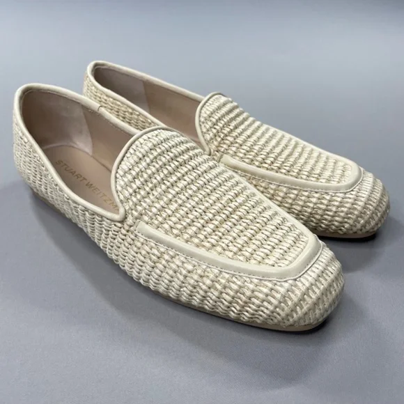 NEW Stewart Weitzman Shoes Womens 7 cream woven Thea loafer slip on designer - Picture 2 of 14